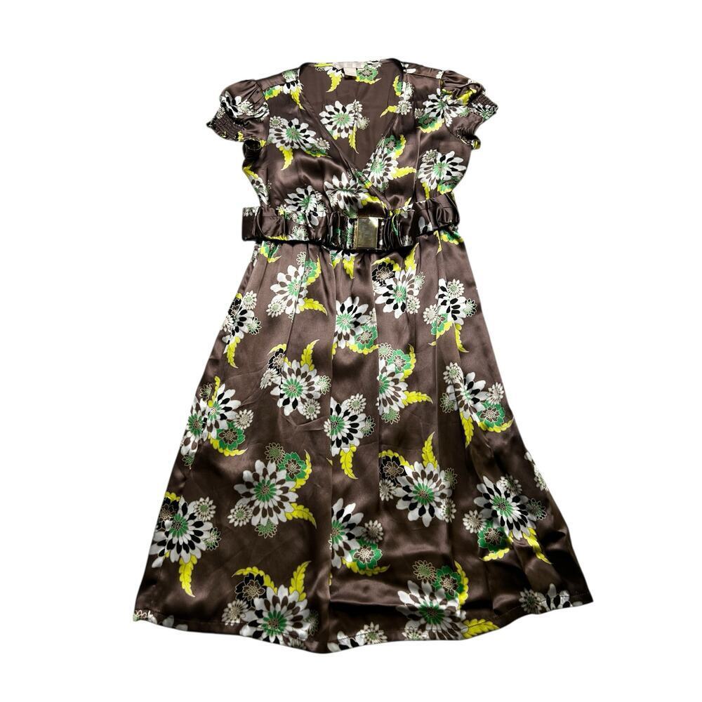 Hype women Silk Shift Dress Brown flowers Women size 2 / going out casual VTG
